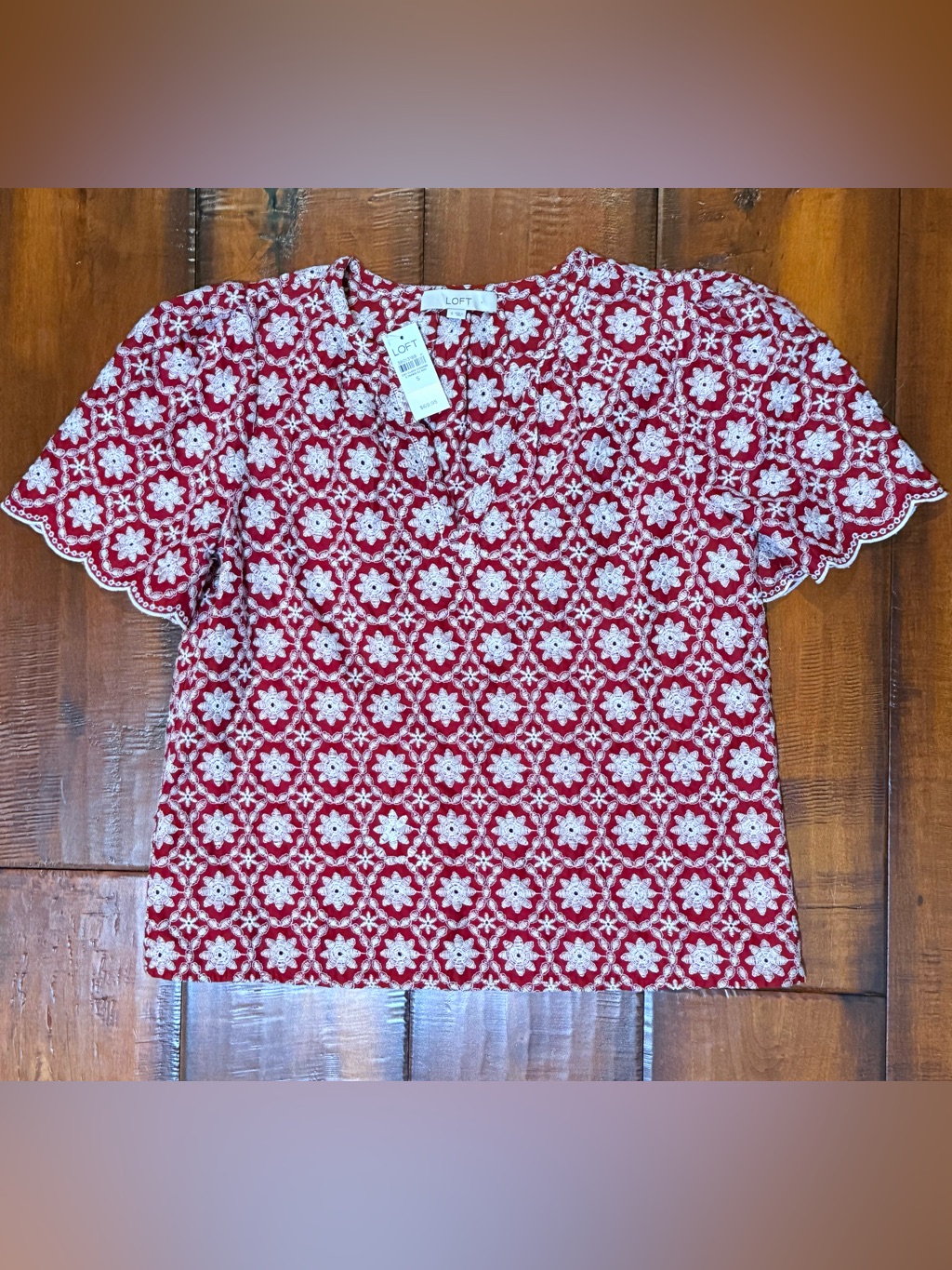 Loft Red And White Embroidered Floral Short Sleeve Top